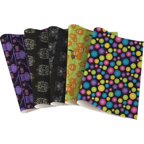 Halloween Skull Pumpkin Head Pattern Printed Artificial Leather Lychee Pattern 22x30 cm for DIY Sewing Materials