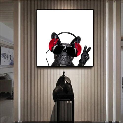 Cool Dj Dog Canvas Paintings On The Wall Poster And Print Funny Animals Wall Art Canvas Prints Dog Listening Music Wall Pictures