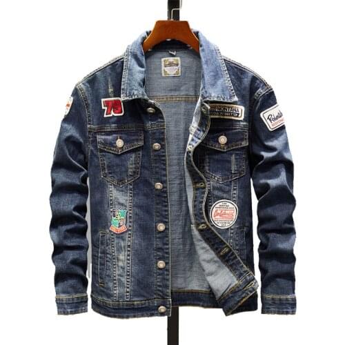 New Street Style Mens Casual Slim Handsome Blue Embroidered Badge Denim Jacket Trendy Denim Jacket Coat Autumn/winter