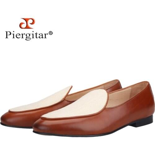 Piergitar New Style Brown Calf Leather Stitching Off-White Fabric Mens Loafers British Classics Slip-on Men Smoking Slippers