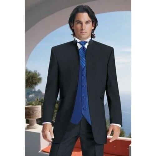 Best Suits Groom Tuxedos Black Lapel Best Man Groomsmen Men Wedding Suits With Navy blue Vest Prom/Formal/Bridegroom