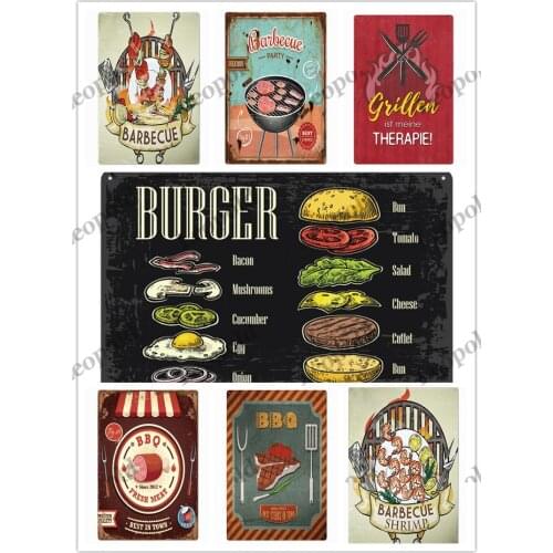 Bbq Metal Tin Plate Vintage Poster Food Beer Plaque Barbecue Metal Brand Restaurant Dessert Shop Kitchen Home Decorations