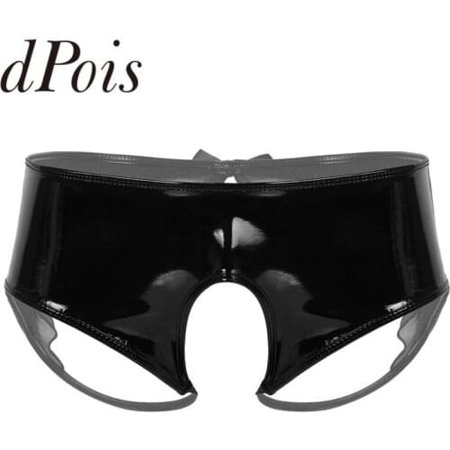 Mens Wet Look Patent Leather Open Crotch with Sheer Organza Trim Mid-rise Briefs Underwear Hommes Panties