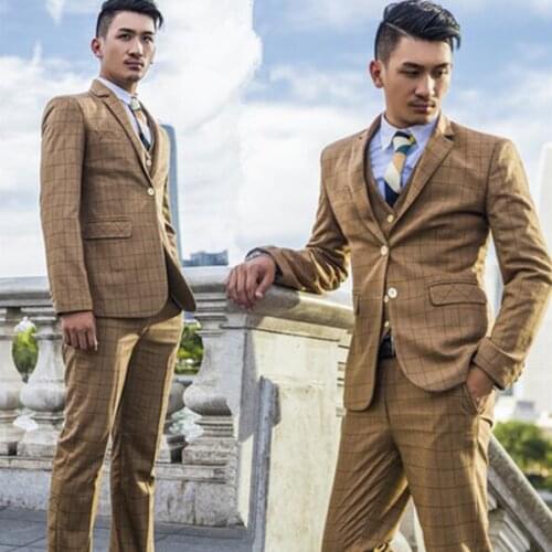 Singer star style dance stage clothing for men plaid suit set with pants 2020 mens wedding suits costume man formal dress khaki