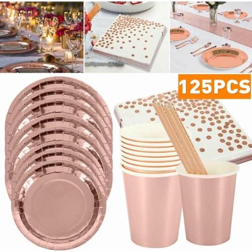 125pcs Rose Gold Paper Party Supplies Birthday Party Decorations Kids Disposable Paper Plates Set For Baby Shower Party Favor