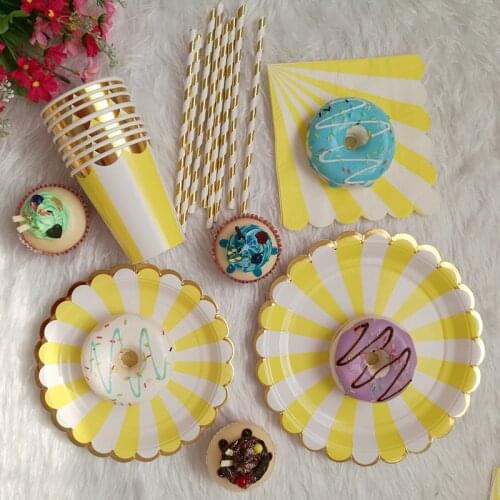 Yellow Stripe Disposable Tableware Rainbow Paper Plates Cups Napkins for Birthday Wedding Baby Shower Kids Party Decor Supplies