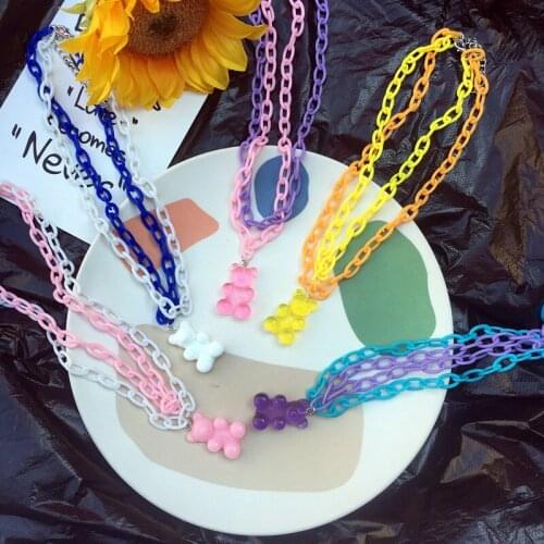 Candy Color Gummy Mini Bear Necklace for Women Girls Christmas Gifts New Cartoon Acrylic Pendants Necklaces Birthday Jewelry