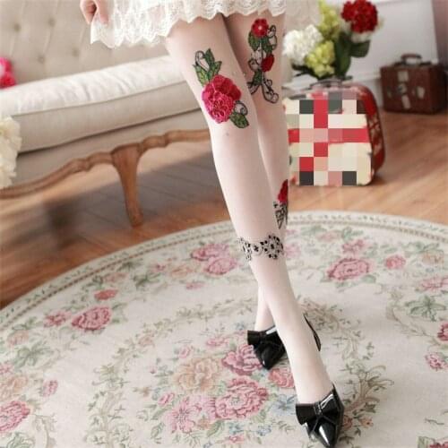 Rose Floral White Fishnet Black Sexy Transparent Tights Women Cute Sweet School Style Female