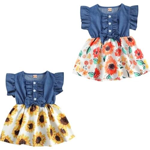 2021 3-18M Infant Baby Girls Dress Denim Top Ruffle Short Sleeve Button Bow A-line Floral Print Dress Summer Sundress