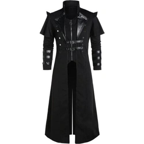 Medieval Mens Coat Long Jacket Gothic Steampunk Hooded Trench Cosplay Costume