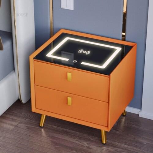 Nordic Smart Nightstands Minimalist Modern Bedroom Furniture Solid Wood Wireless Charge Nightstand Induction Lamp Bedside Table