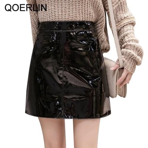 QOERLIN Vintage Patent Leather Skirt Women Summer Sexy Short Mini Leather Candy Pink Skirt Fashion Streetwear Zipper Fly Fits