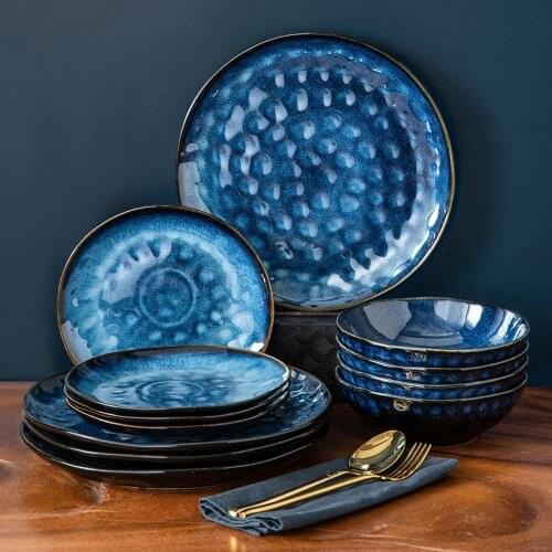 VANCASSO Starry 12/24/36-Piece Dinner Set Vintage Look Ceramic Blue Stoneware Tableware Set with Dinner Plate,Dessert Plate,Bowl