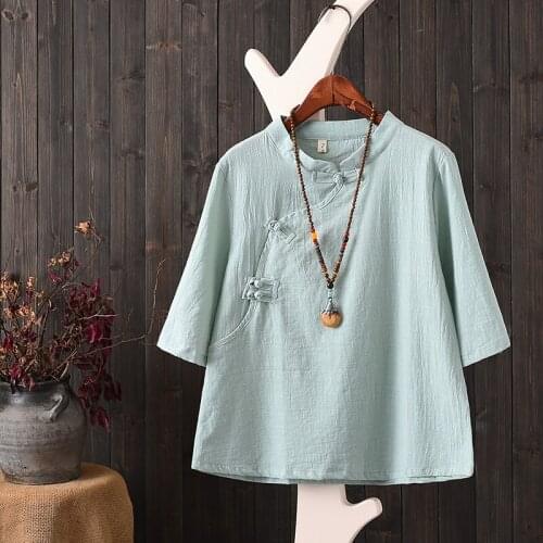 Vintage Literary Cotton and linen T-shirt Chinese Style Women Solid Color Stand Collar Buckle Three Quarter T-shirt Tops