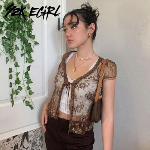 Y2K EGIRL Vintage Bandage Floral Lace Brown T-shirts 2000s Aesthetics V-neck Short Sleeve Cropped Tops Y2K Streetwear Outfits
