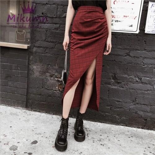 New Style Harajuku Red Plaid Skirt Summer Women Punk Gothic Skirts Female Fashion High Waist Irregular Long Skirts