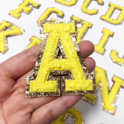 Yellow Letters Towel Embroidered Iron On Patch Applique Diy Name Alphabet Sequins Patches For Kid Clothing Badges Accessories