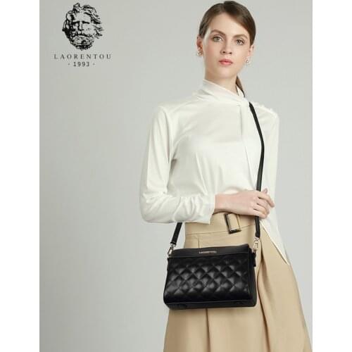 LAORENTOU Diamond Lattice Commute Womens Zipper Crossbody Shoulder Bag Casual Simple Lady Bag Cow Leather Female Messenger Bags