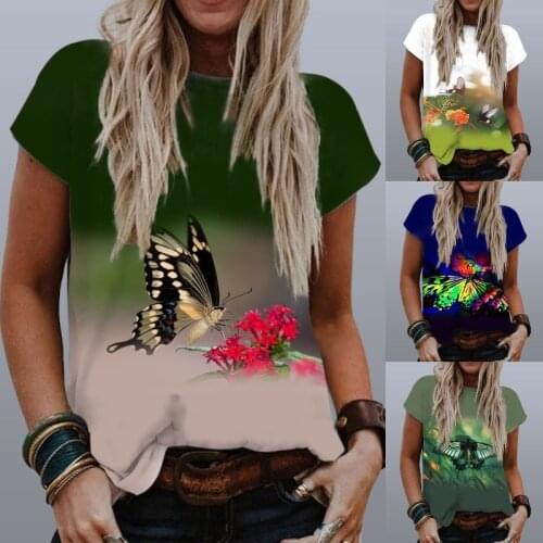 2021 Summer Women Vintage Butterfly Print TShirt O Neck Short Sleeve Top Streetwear Casual Tees Harajuku Plus Size Loose Tshirts