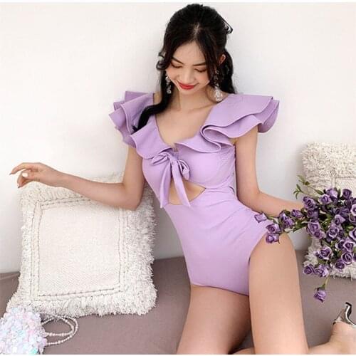 Korean Swimsuit Womens Ruffled Sleeves Open Back One-Piece Swimwear Cute Big Collar Small Fresh High Waist Bikini Hot Spring