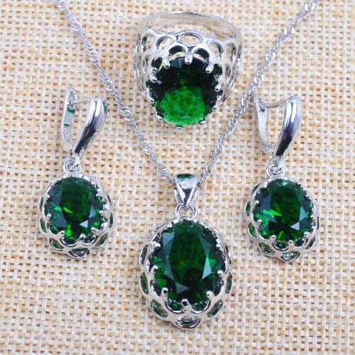 Womens Wedding Jewelry Sets Silver Color Necklace Earrings Set For Women Pendant Green Zirconia Rings african jewellry TZ0162