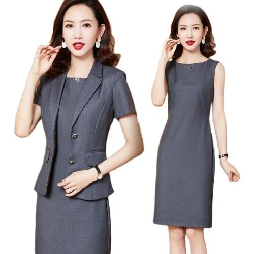 Women elegant 2 piece dress suit for office white jacket dress women suit coat dress woman business women dress