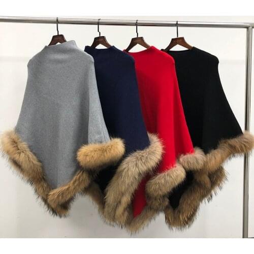 Wool Poncho Women Natural Raccoon Fur Trim Casual Red Cape Knitting Pullover Sweater Long Cloak Spring Autumn