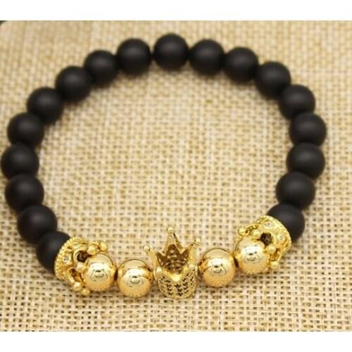 8mm cy343 gold silver copper Crown ball micro pave cz zircon cubic zirconia bracelet rope elastic thread adjusted Frosted agate