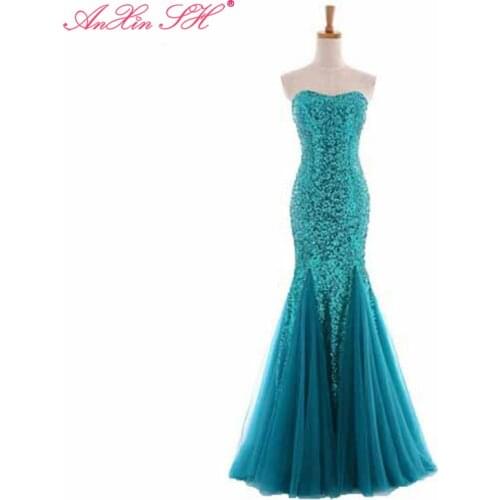AXJFU princess strapless blue lace mermaid evening dress luxury vintage sleeveless sparkly pink lace party trumpet evening dress