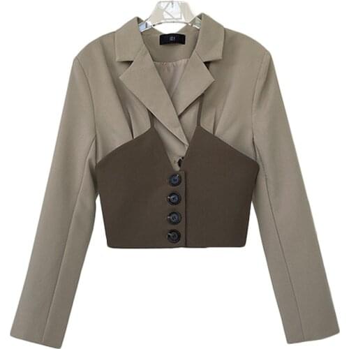 Cool Woman Blazer Khaki Patchwork Notched Collar Long Sleeve Single Breasted Belt Vintage Style Jacket Autumn Spring
