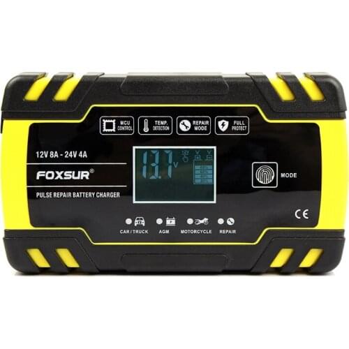 Foxsur 12V 8A 24V 4A Pulse Repair Charger with Lcd Display, Motorcycle & Car Battery Charger, 12V 24V Agm Gel Wet Lead Acid Batt