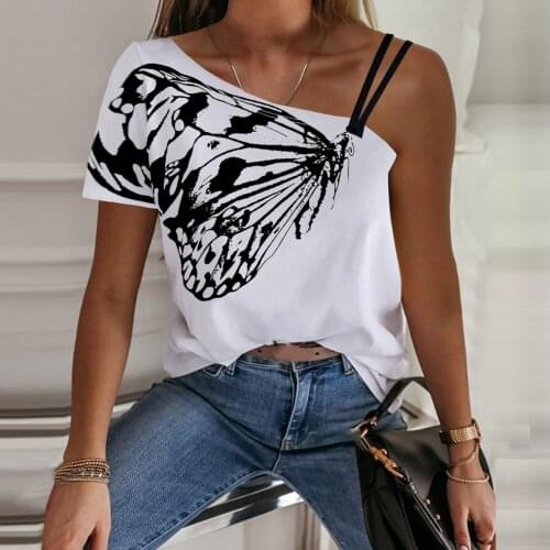 One Shoulder New Fashion Womens Tee Shirts Butterfly Print Tops Woman Sexy Summer Top Short Sleeve Tee футболка для девочки
