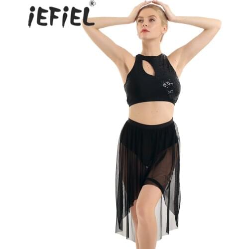 IEFiEL Womens Adult Latin Dance Dress Lyrical Costume Asymmetrical Shiny Sequins Crop Top with High-Low Skirt Dancewear