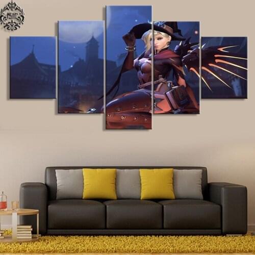 Canvas Painting Printed Game Poster 5 Panel Overwatch Mercy Modern Home Decor For Living Room Canvas Wall Art Pictures Cuadros