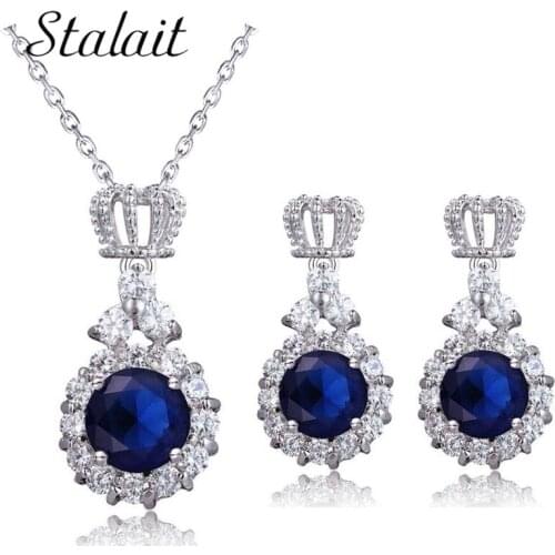 Round Zircon Crown Crystal Earring Pendant Necklace Jewelry Set For Women Bridal Wedding Jewelry Christmas Gift Party