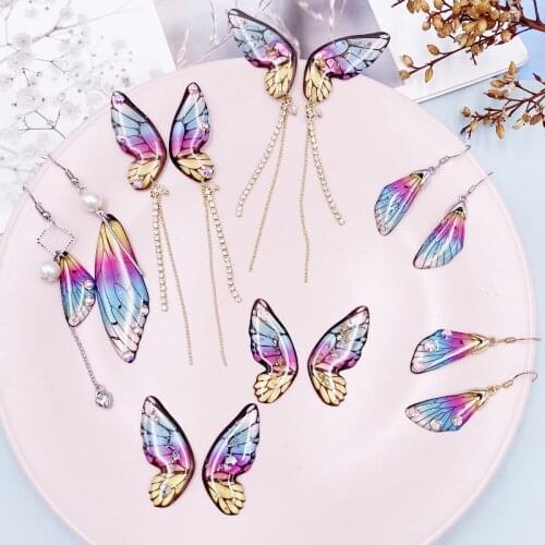 Minar Cute Multiple Sweet Gradient Rainbow Butterfly Drop Earrings for Women Fairy Sequin Rhinestone Cicada Wings Long Earrings