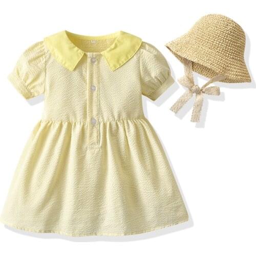 Tem Doger 2021 Fashion Summer New Cute Baby Girl Casual Dresses Striped Puff Short Sleeve Little Girls Dresses with Straw Hat