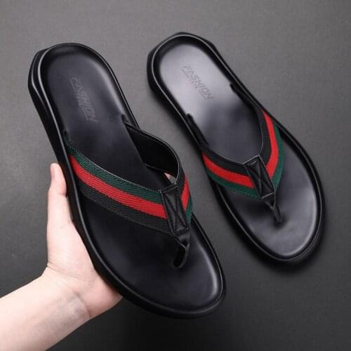 Genuine Leather Mens Slippers High Quality Flip Flops for Indoor or Outdoor Sports New Black Stripe Summer Mens Slippers
