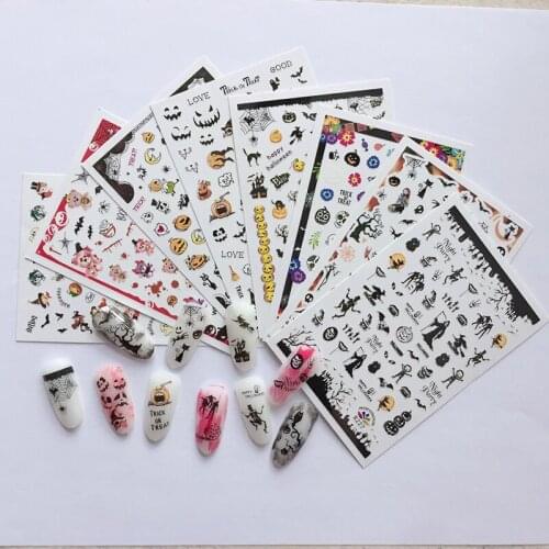Halloween Nails Art Decals Anime Skull Bone Bat Design Manicure Back Glue Decorations Nail Art Tattoo DIY Decor Wraps