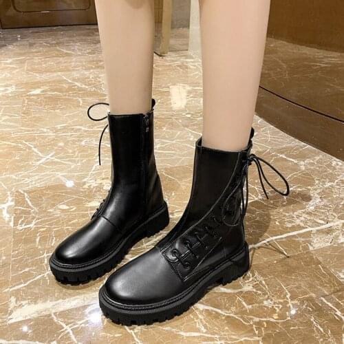 2021 Winter New Female Fashion Platform Ankle Boots Womens Martin Boots Ladies British Style Cross Tied Short Boots Botas Mujer