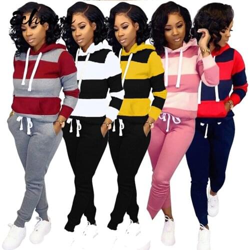 Autumn Tracksuit Patchwork 2 Piece Set Women Winter Long Sleeve Hoodies Tops And Drawstring Pants Casual Sporting Outfit Pockets