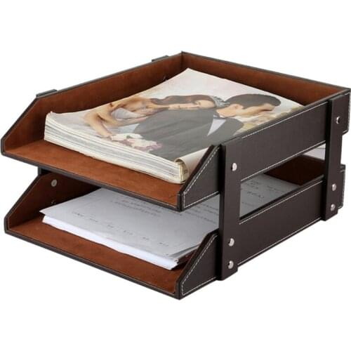 A4 Document File Organizer Tray Double Layers Desk PU Leather Paper Holder Rack P9YA