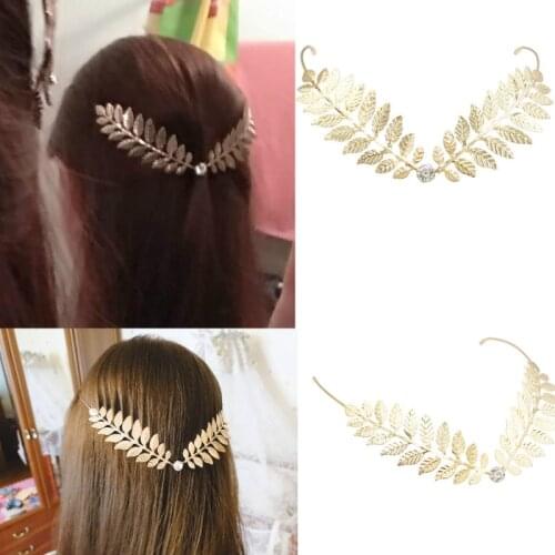 Greek Crowns Hairband Gold Metal Crystal Leaf Back Hold Headband Wedding Hair Accessories Girls Women Bridal Headpiece Jewelry