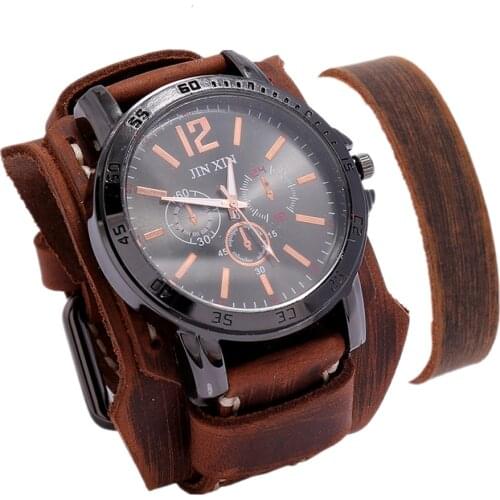 Luxury Mens Watch Quartz Big Dial Watch Vintage Punk Style Fashion Sport Watch Men Leather Strap Bracelet Men Gift Set Relojes