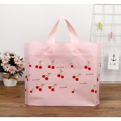 Pink Plastic Storage Bag With Handle Red Cherry Pattern Thick Plastic Shopping Handle Bags Clothing Packaging 33x25x6cm