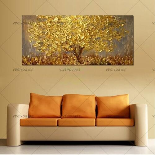 Handmade Texture Knife Golden Tree Abstract Modern Wall Art Oil Painting Canvas Home Wall Decor For Ling Room Office Hotel Decor