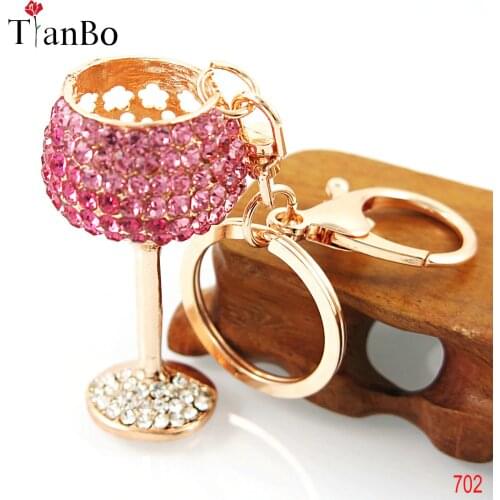 TianBo fashion wine glass Crystal HandBag Pendant Keyrings Keychains For Car Key rings key chains holder women