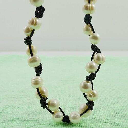 New Style Pearl Real Leather Jewellery,Handwork White Freshwater Pearl Black Leather Necklace 9-11mm 100% Real Pearls For Women
