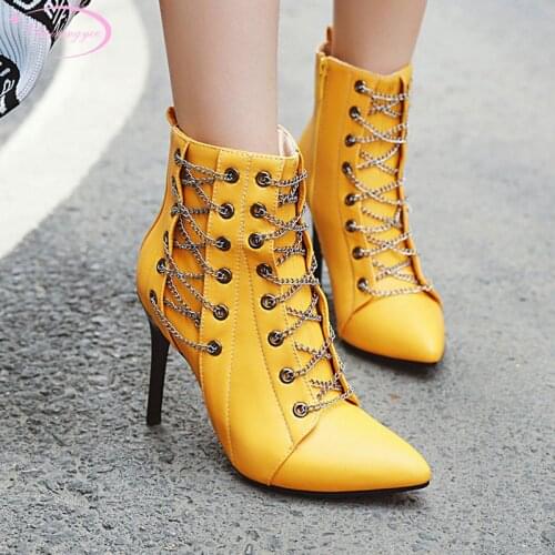 Street sexy pointed toe ankle boots metal chain zipper black white yellow red blue stiletto high-heeled riding boots women shoes