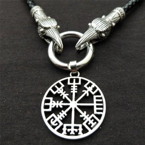 Viking Vegvisir Compass Pendant With Raven Head Chain Necklace Nordic Runes Odin Celts Ethnic Jewelry Gift Dropshipping
